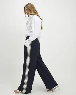 Navy Pinstripe Crochet Side Stripe Joggers