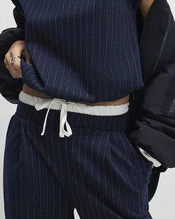 Navy Pinstripe Drawstring Wide Leg Trousers