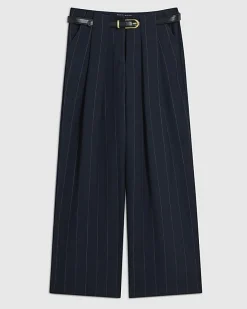 Navy Pinstripe Low Waist Belted Trousers