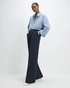 Navy Pinstripe Low Waist Belted Trousers