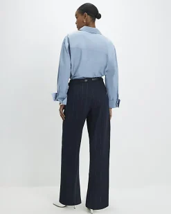 Navy Pinstripe Low Waist Belted Trousers