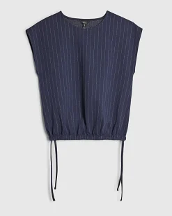 Navy Pinstripe Tie Side Bubble Hem Top
