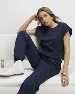 Navy Pinstripe Tie Side Bubble Hem Top