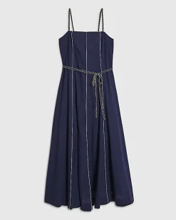 Navy Piped Rope Belt Midi Dress