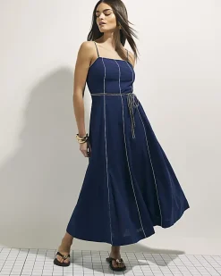 Navy Piped Rope Belt Midi Dress