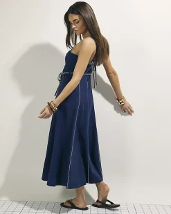 Navy Piped Rope Belt Midi Dress