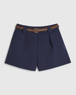 Navy Plaited Belt Tailored Shorts