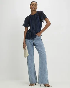 Navy Pleated Hybrid Short Sleeve T-Shirt