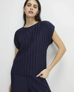 Navy Plisse Short Sleeve Top