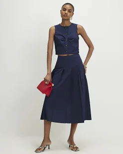 Navy Poplin Ruched Waistcoat