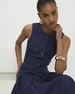 Navy Poplin Ruched Waistcoat