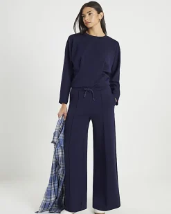 Navy Premium Wide Leg Pintuck Joggers