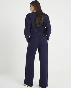 Navy Premium Wide Leg Pintuck Joggers