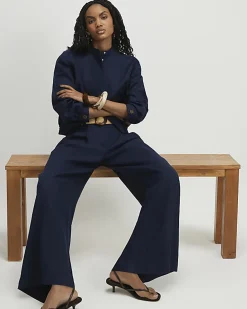 Navy Raffia Belted Tailored Wide Leg Trousers