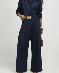 Navy Raffia Belted Tailored Wide Leg Trousers