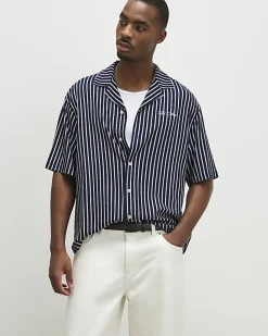 Navy Regular Fit Textured Stripe Shirt