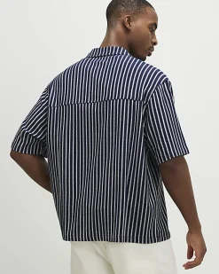 Navy Regular Fit Textured Stripe Shirt