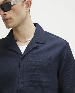 Navy Regular Fit Textured Short Sleeve Shirt