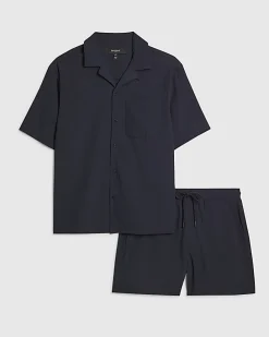 Navy Regular Fit Textured Shirt & Short Set