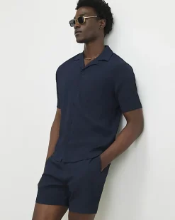 Navy Regular Fit Textured Shirt & Short Set