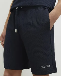 Navy Regular Fit Textured Shorts