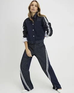 Navy Relaxed Straight Leg Stripe Hybrid Jeans