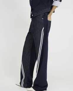 Navy Relaxed Straight Leg Stripe Hybrid Jeans