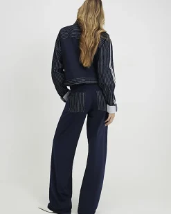 Navy Relaxed Straight Leg Stripe Hybrid Jeans