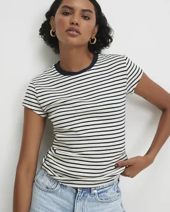 Navy Ribbed Stripe Fitted T-Shirt
