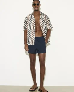 Navy Short Length Piped Swim Shorts