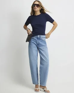 Navy Short Sleeve Cotton Fitted Top