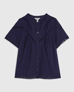 Navy Short Sleeve Lace Button Through Blouse