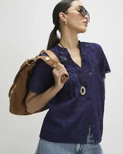 Navy Short Sleeve Lace Button Through Blouse