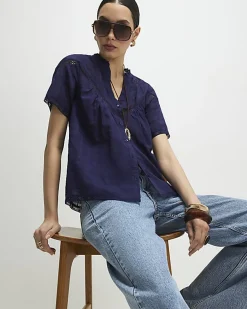 Navy Short Sleeve Lace Button Through Blouse
