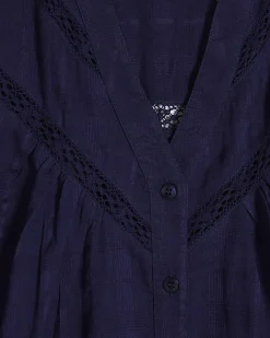 Navy Short Sleeve Lace Button Through Blouse