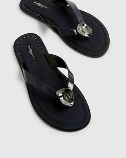 Navy Silver Hardware Toe Thong Flat Sandals