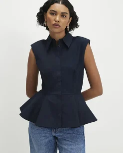 Navy Sleeveless Peplum Shirt