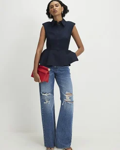 Navy Sleeveless Peplum Shirt