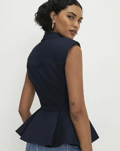 Navy Sleeveless Peplum Shirt