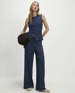 Navy Sleeveless Textured Button Through Top