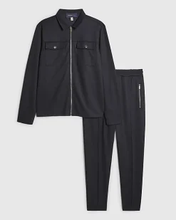 Navy Slim Fit Pique Shacket And Joggers Set