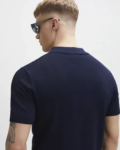 Navy Slim Fit Stripe Colour Block Polo Shirt