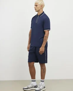 Navy Slim Fit Textured Tipped Shorts