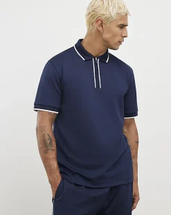 Navy Slim Fit Textured Zip Tipped Polo Shirt