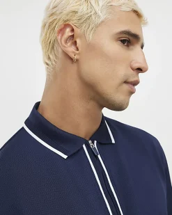 Navy Slim Fit Textured Zip Tipped Polo Shirt