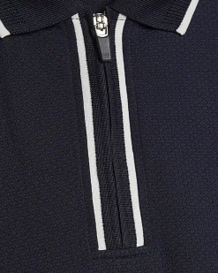 Navy Slim Fit Textured Zip Tipped Polo Shirt