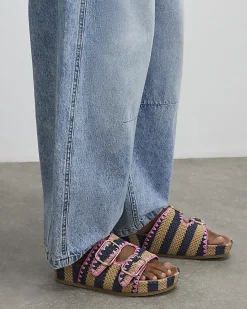 Navy Stripe Raffia Footbed Sandals