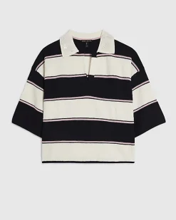 Navy Striped Knitted Polo Shirt