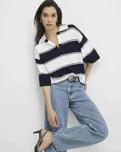 Navy Striped Knitted Polo Shirt