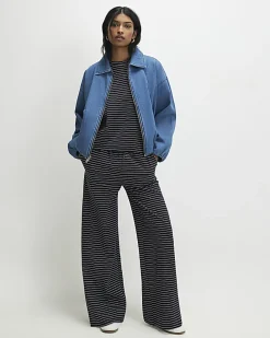 Navy Striped Wide Leg Trousers
